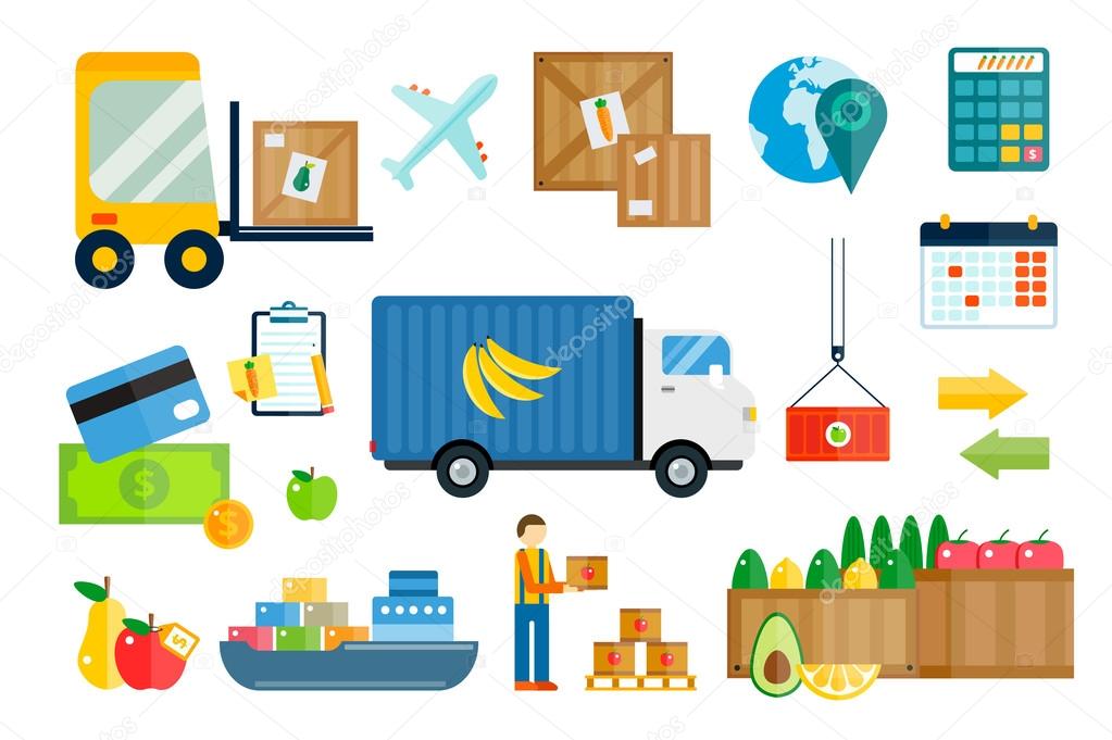 Import export fruits and vegetables delivery vector icons set