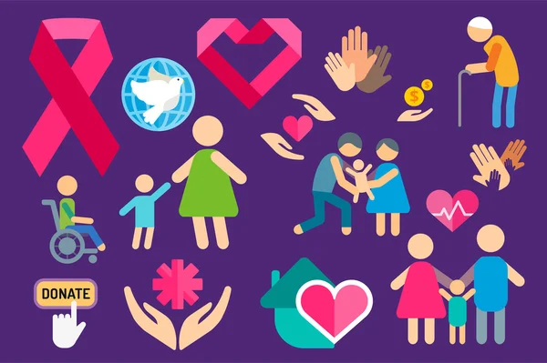 Charity care flat icons set — Stock vektor