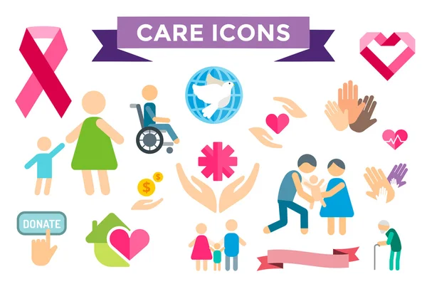 Charity care flat icons set — Stockový vektor