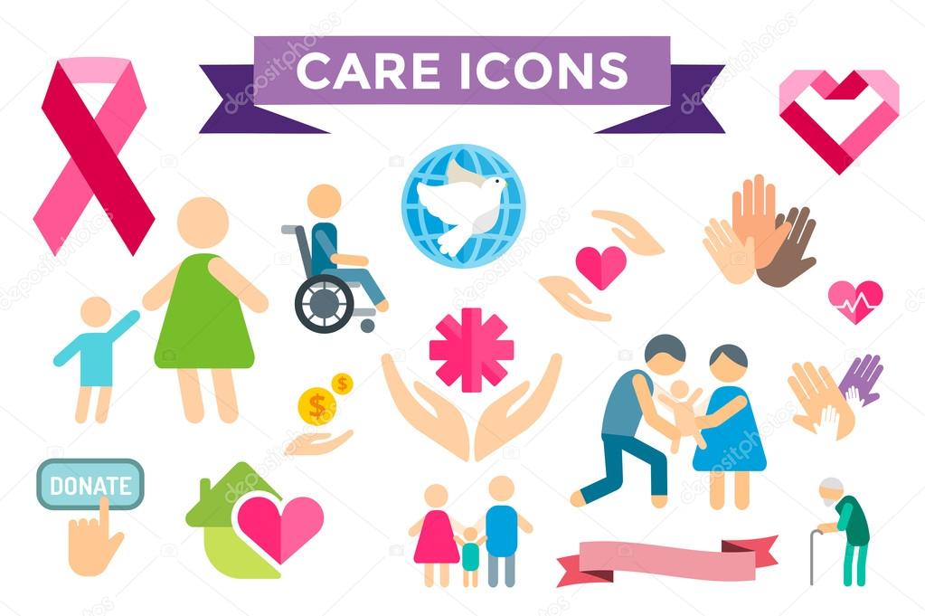 Charity care flat icons set. Care vector logo icons. Care silhouette isolated. Care, abstract hands logo, heart logo, old people care logo, child care logo, care logo, togetherness concept,family logo