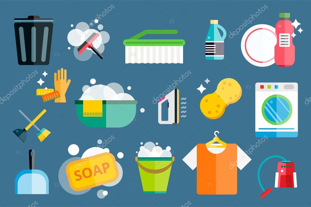 Cleaning icons vector set. Icons of clean service and cleaning tools. Housework cleaning icons vector set. Home clean, sponge icon, broom icon, bucket icon, mop icon, cleaning brush vector icons logo
