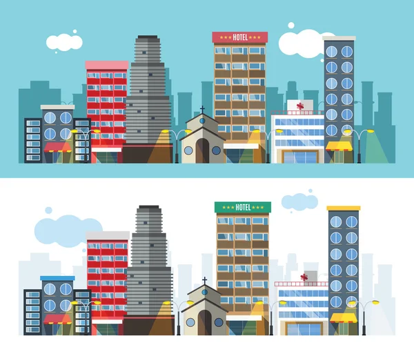 Gebouwen en stad vervoer vlakke stijl illustratie — Stockvector