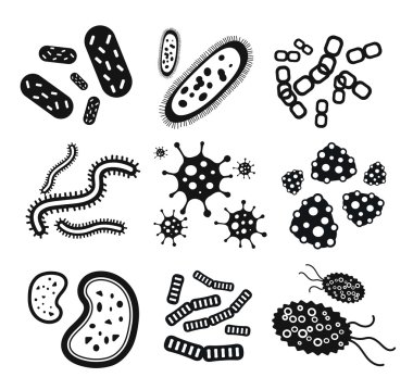 Bacteria virus black and white vector icons set clipart