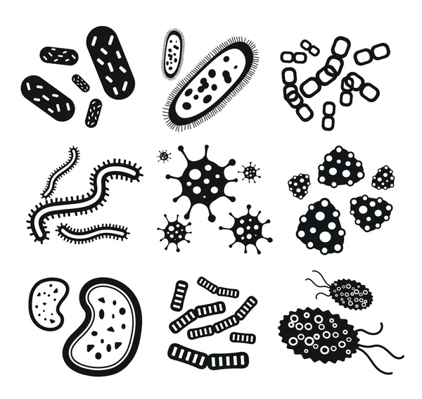 Conjunto de iconos de vectores blanco y negro del virus bacteriano — Vector de stock