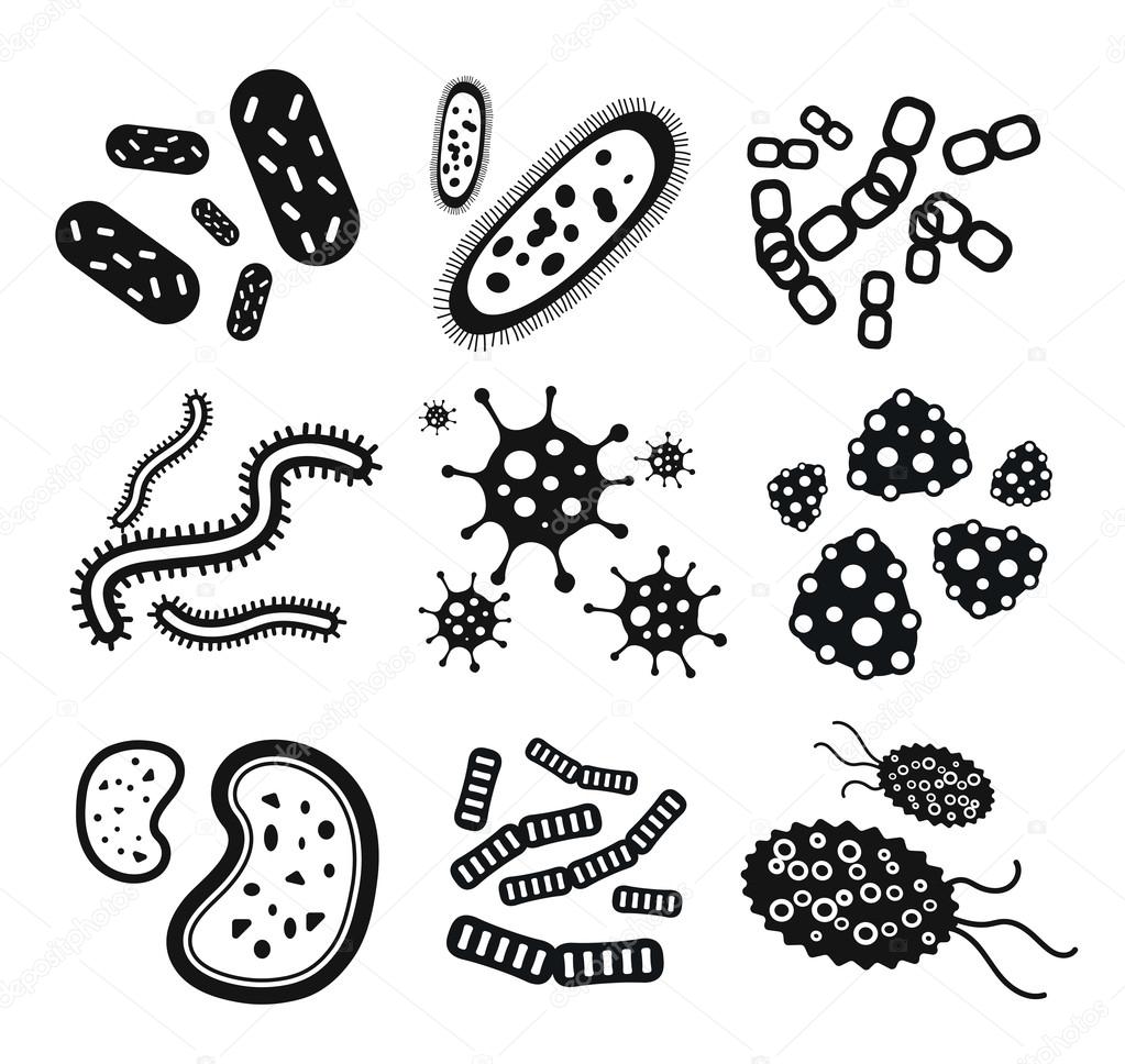 Bacteria virus black and white vector icons set