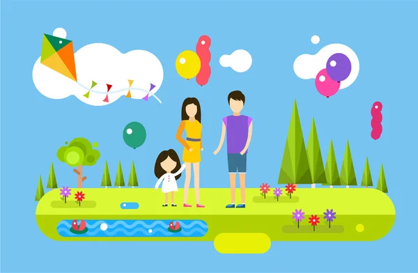 Happy family birthday holiday weekend summer time background with balloons — Stok Vektör