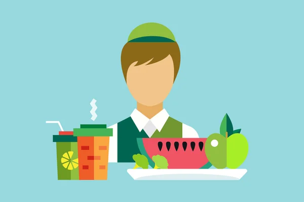 Vegetarian city food restaurant object icons set. Man seller silhouette — 图库矢量图片