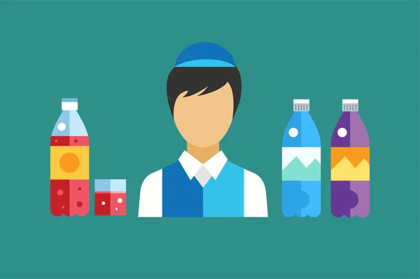 Water, soda and juice or tea bottles vector Illustration. Seller shop worker abstract face silhouette — Stock vektor