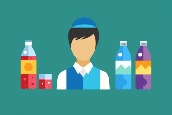 Water, soda and juice or tea bottles vector Illustration. Seller shop worker abstract face silhouette — Διανυσματικό Αρχείο