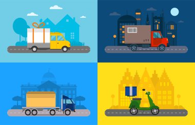 Delivery vector transport truck, van and motorcycle gift box pack