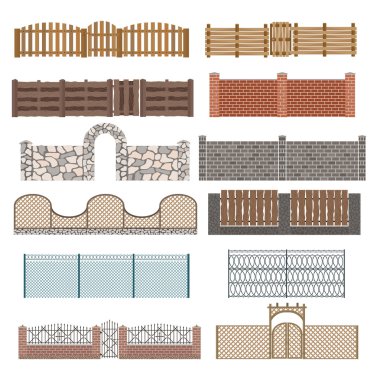 Different designs of fences and gates isolated on a white background clipart