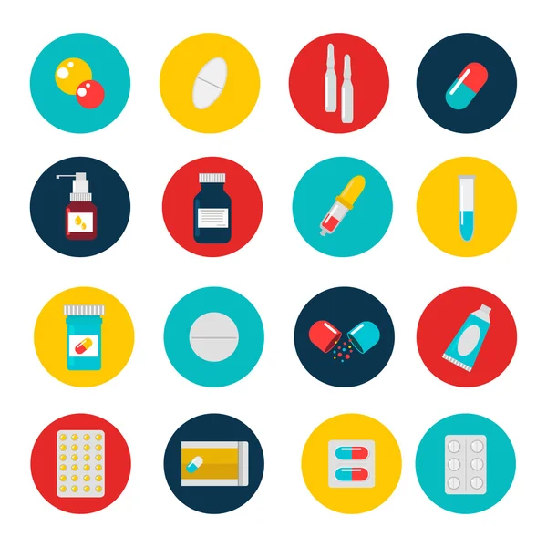 Pillen capsules iconen vector platte set. Medische vitamine apotheek illustratie — Stockvector