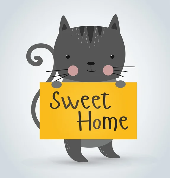 Cat pet animal holding clean welcome sweet home board vector cartoon — Stockový vektor