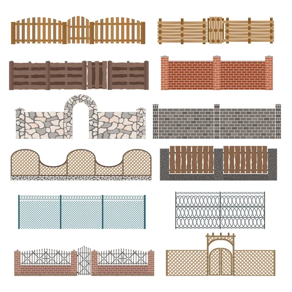 Diferentes desenhos de cercas e portões isolados em um fundo branco —  Vetores de Stock