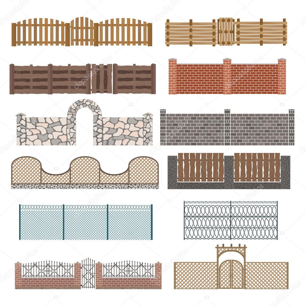 Different designs of fences and gates isolated on a white background