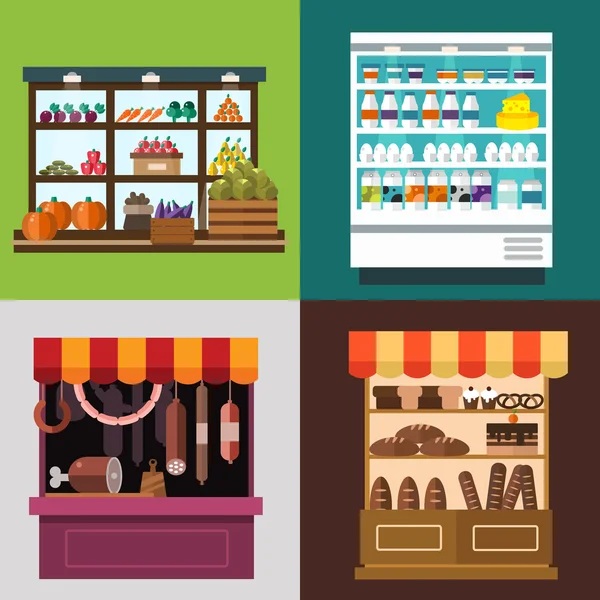 Fruit, groenten, melkproducten, vlees, bakkerij winkel kraam vector set — Stockvector