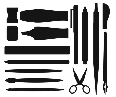 Flat stationery and drawing black tools pen set on white background