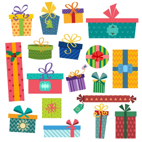 Coloridas cajas de regalo con arcos y cintas vector conjunto — Vector de stock