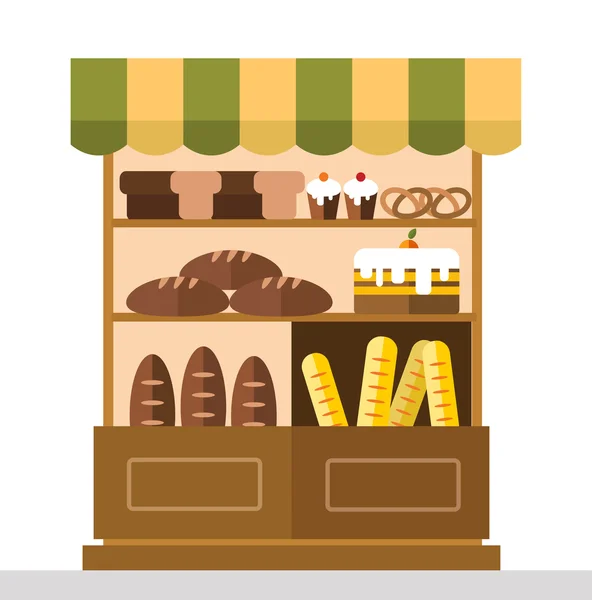 Puesto de panadería con productos de panadería — Vector de stock