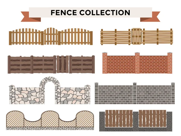 Diversi disegni di recinzioni e cancelli isolati su uno sfondo bianco — Vettoriale Stock