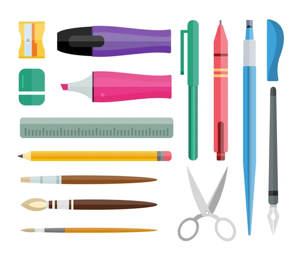 Flat stationery and drawing tools, pen set — 스톡 벡터