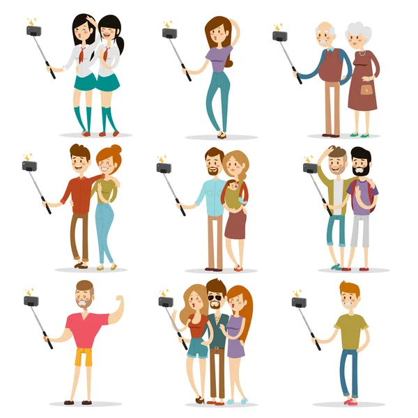 Selfie disparos familia y parejas vector ilustración — Vector de stock