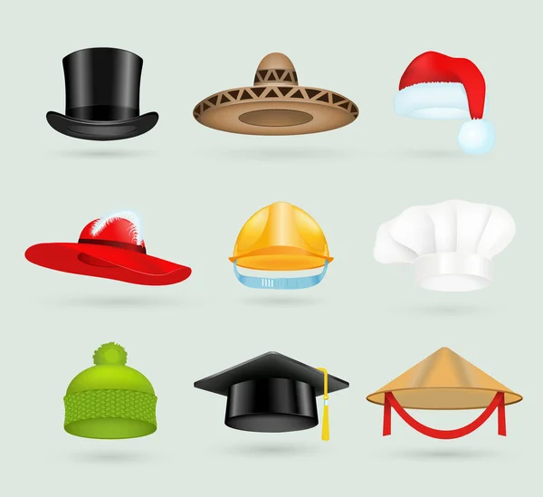 Conjunto de sombreros superiores 3d diferentes proffesions — Vector de stock