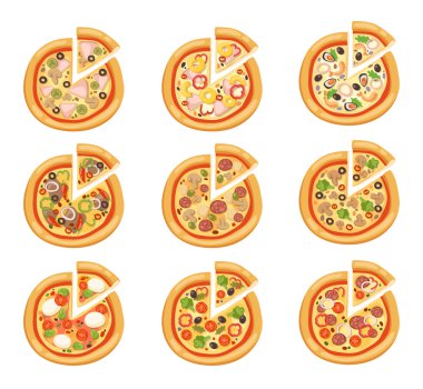 Beyaz arka plan üzerinde izole pizza düz simgeler
