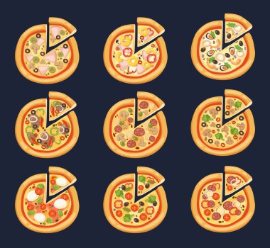 Beyaz arka plan üzerinde izole pizza düz simgeler