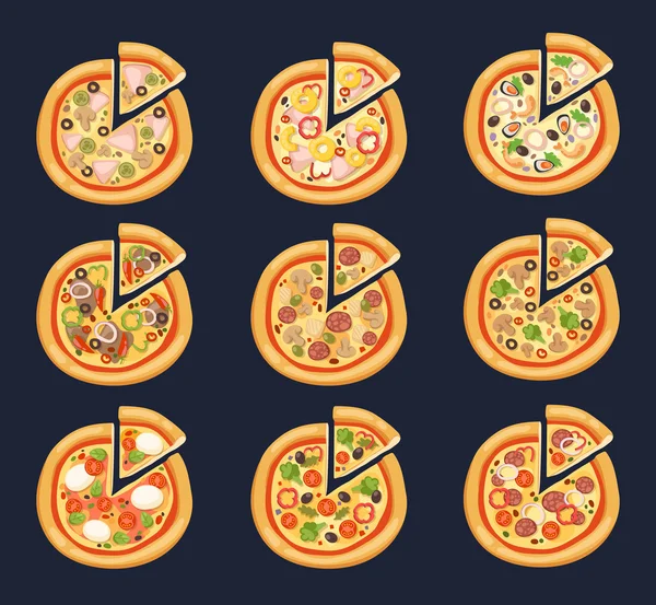 Pizza plat pictogrammen geïsoleerd op witte achtergrond — Stockvector