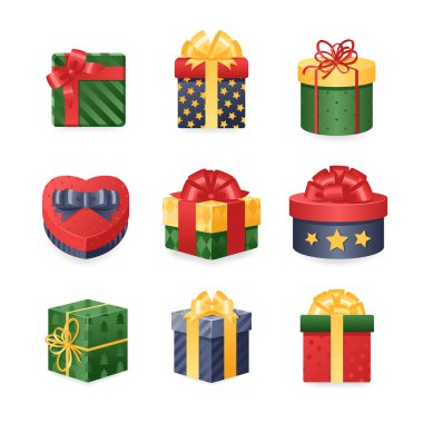 Fiyonklu renkli hediye kutuları.