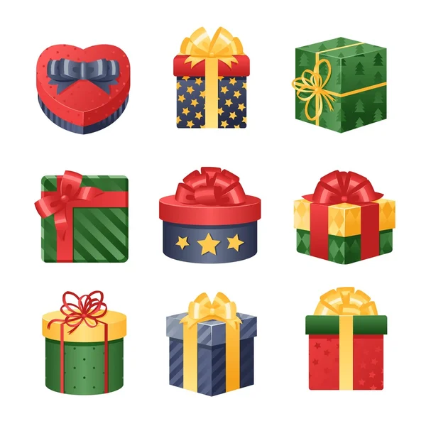 Cajas de regalo coloridas con lazos y cintas — Vector de stock