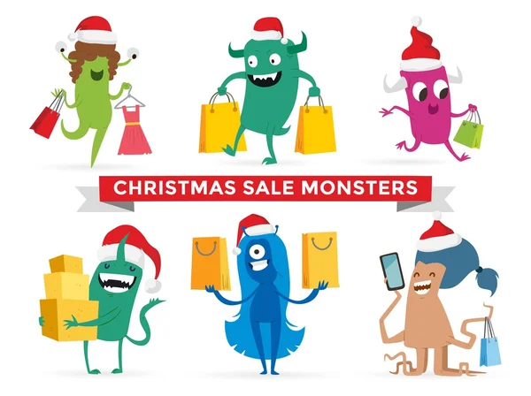 Cartoon schattig monsters verkoop kerstinkopen — Stockvector