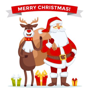 Cartoot yaşlı adam kırmızı şapka, çuval ve geyik