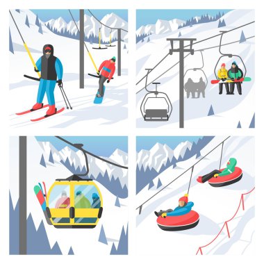 Snowboarder sitting in ski gondola and lift elevators clipart