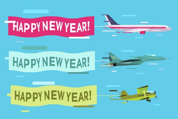 Avión volando con banderas de Feliz Navidad — Vector de stock