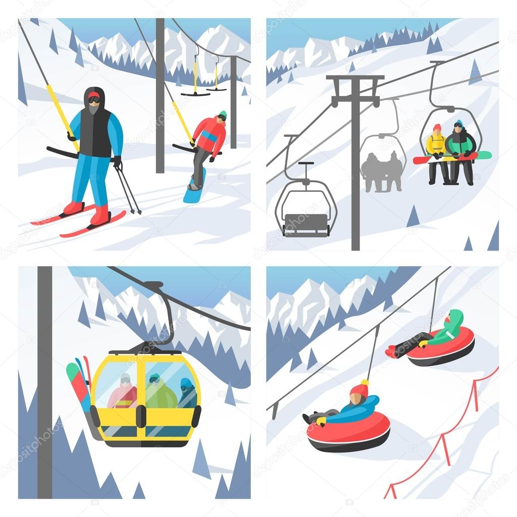Snowboarder sitting in ski gondola and lift elevators