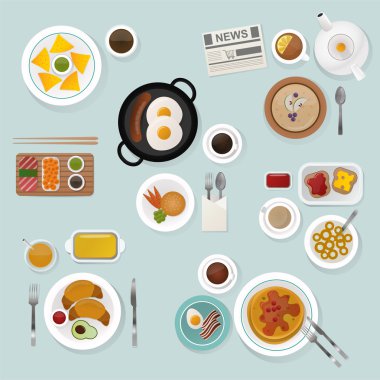 Kahvaltı düz üstten görünüm Icons set