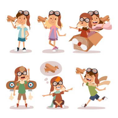 Small cartoon kids playing pilot aviation, dreams