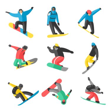 Snowboarders jump in different pose on white background