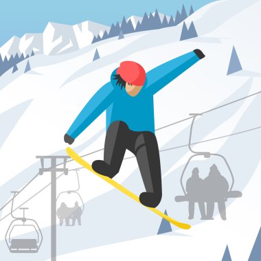 Poz kış açık arka plan üzerinde atlama snowboarder