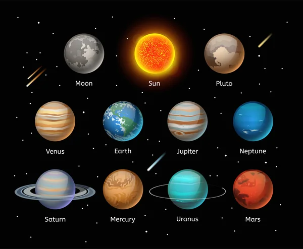 Planets colorful set on dark background — Stok Vektör