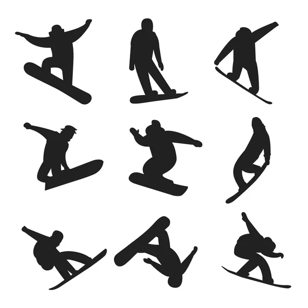 Snowboarders jumping different pose black and white icons — 图库矢量图片