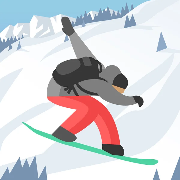 Snowboarder pose springen op winter buiten achtergrond — Stockvector