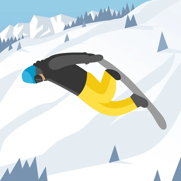 Snowboarder pose springen op winter buiten achtergrond — Stockvector