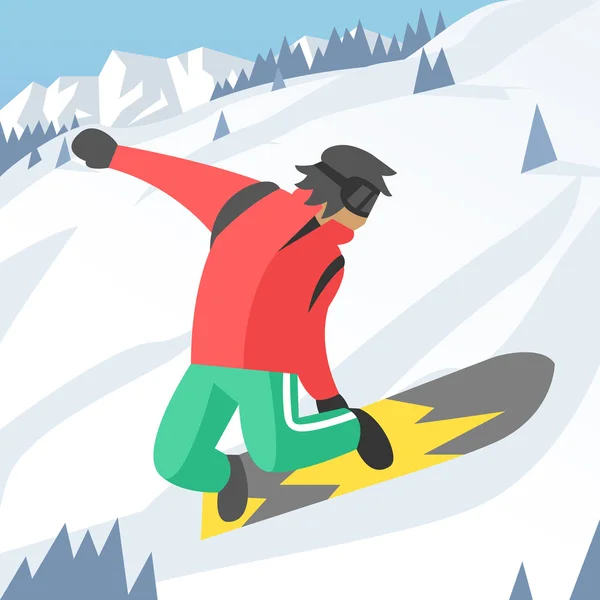 Snowboarder pose springen op winter buiten achtergrond — Stockvector