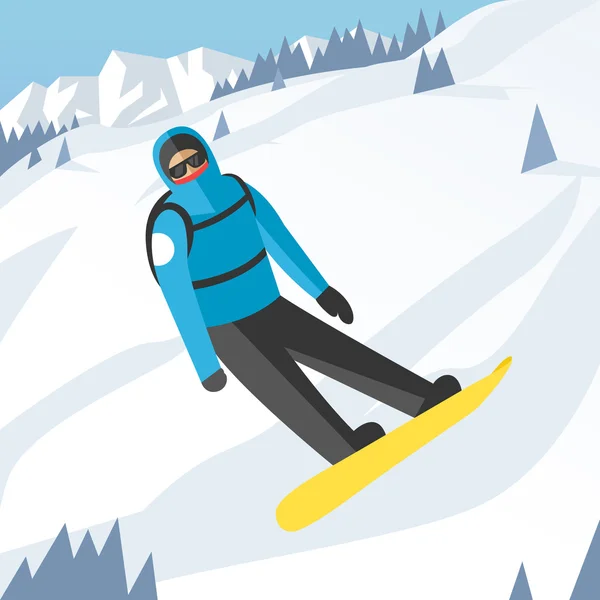 Snowboarder pose springen op winter buiten achtergrond — Stockvector