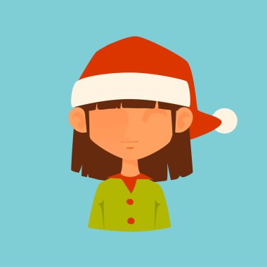 Girl Elf Christmas Santa red hat avatar face icon vector illustration