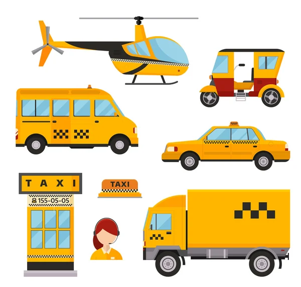 Different types of taxi transport. Cars, helicopter, van truck, bike and motorcycle — Stock Vector