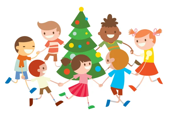Gyermekek kerek baba klub ábrán táncolni karácsonyfa — Stock Vector